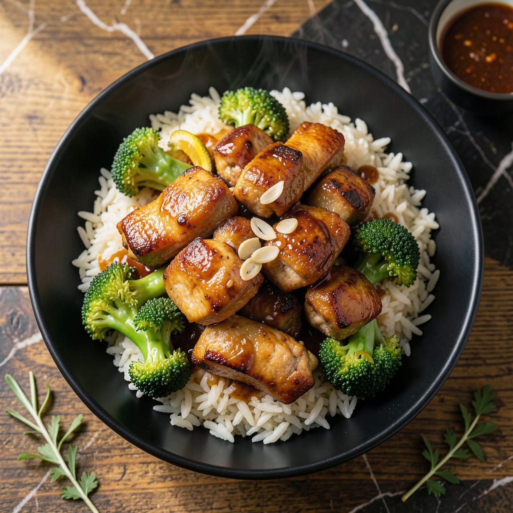 chicken broccoli soy sauce rice recipe illustration with key details