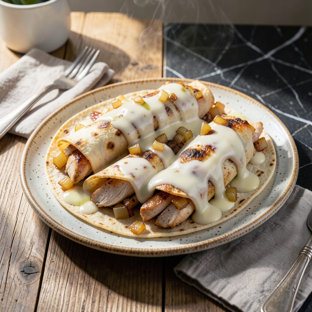 chicken burrito recipe with white cheese sauce detailed visual guide