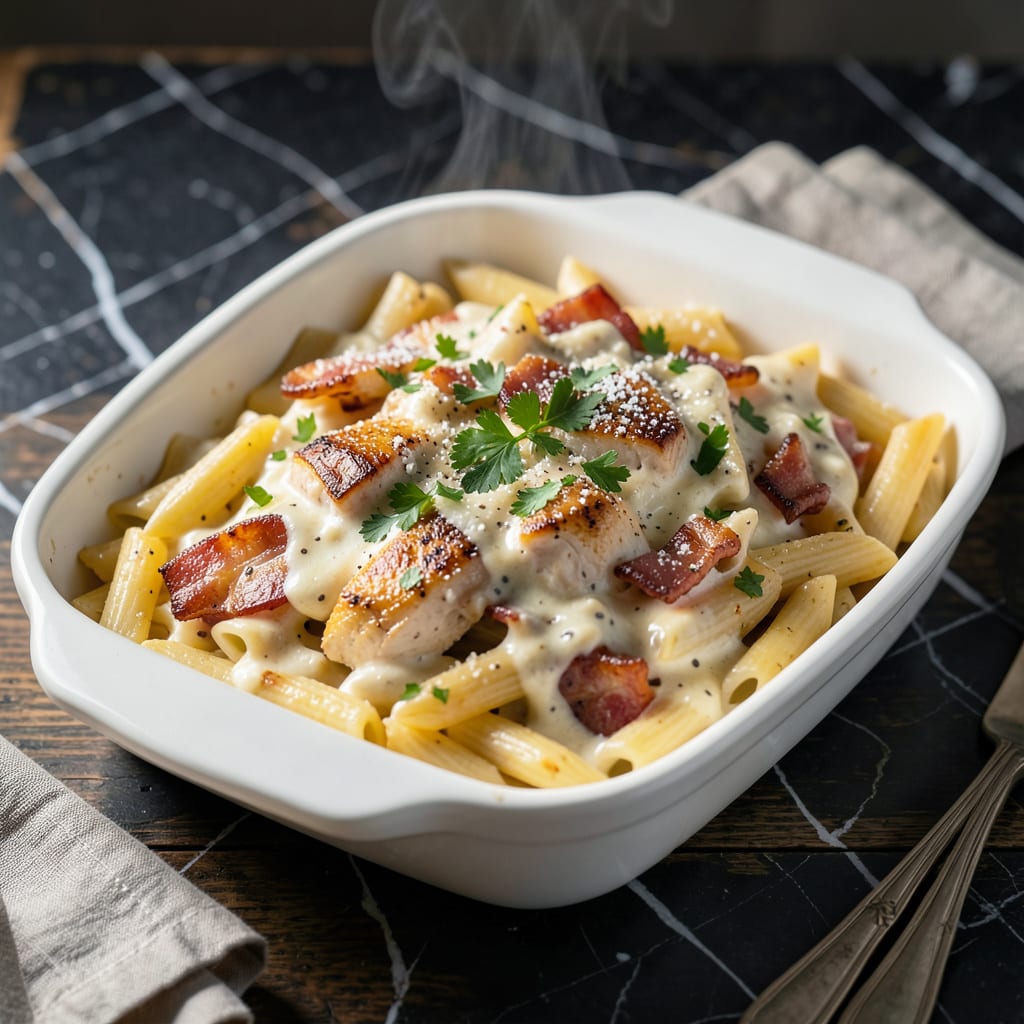 Complete chicken carbonara pasta bake recipe easy overview image