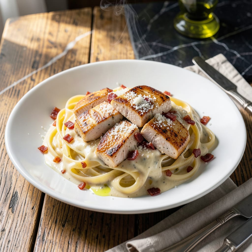 Visual representation of chicken carbonara recipe with alfredo sauce
