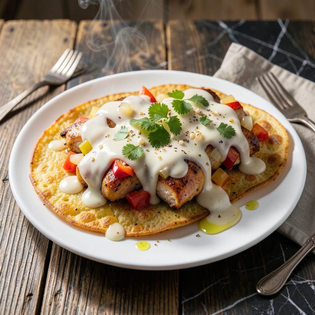 Visual representation of chicken chimichanga recipe with white sauce