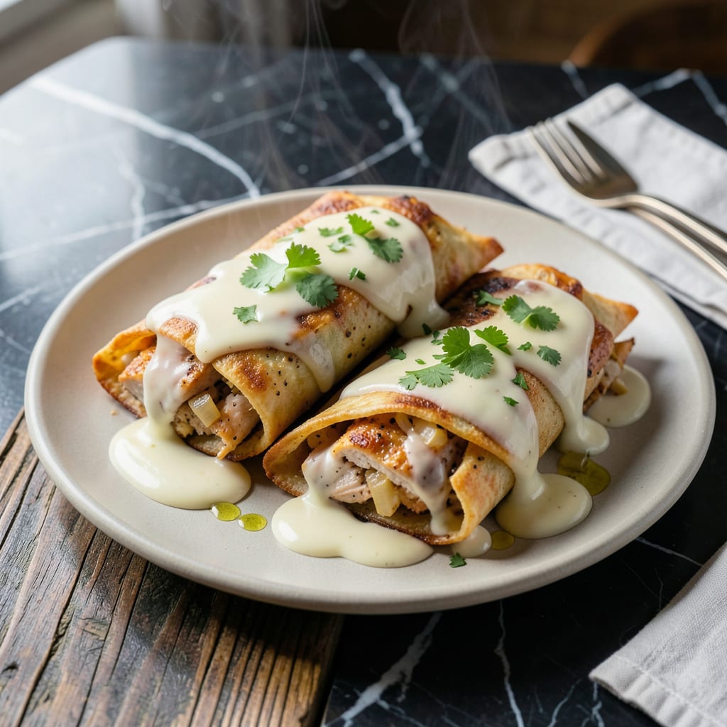 chicken chimichanga with white cheese sauce recipe example with annotations