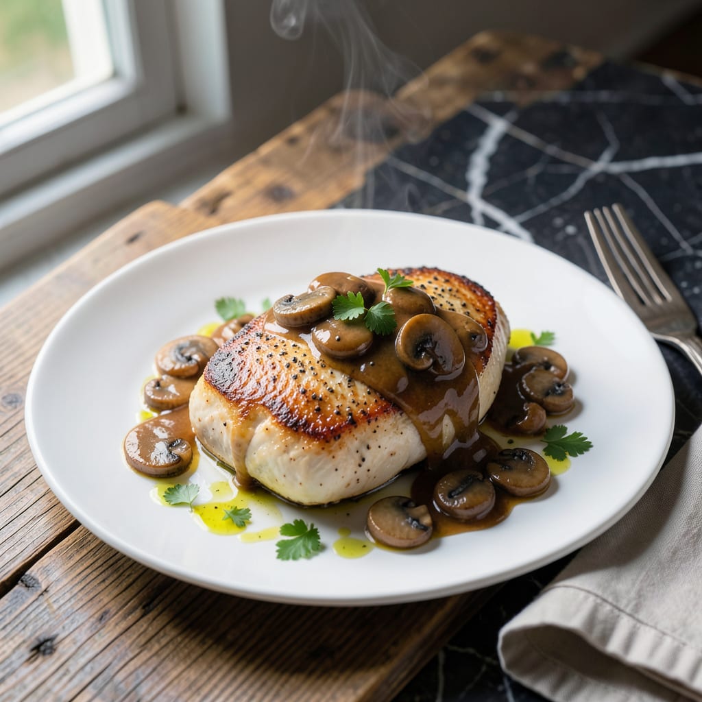 chicken chop recipe with mushroom sauce illustration with key details