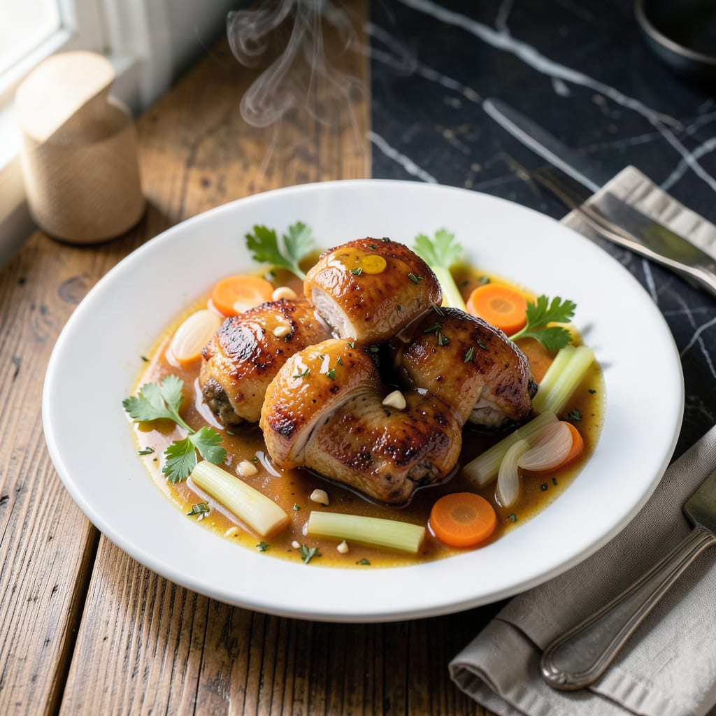 chicken cooked in sauce recipe illustration with key details