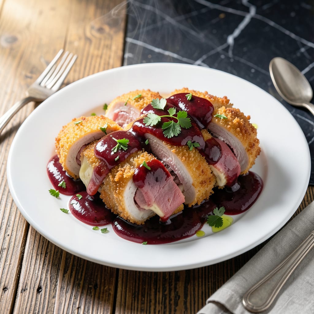 Complete chicken cordon bleu recipe with wine sauce overview image