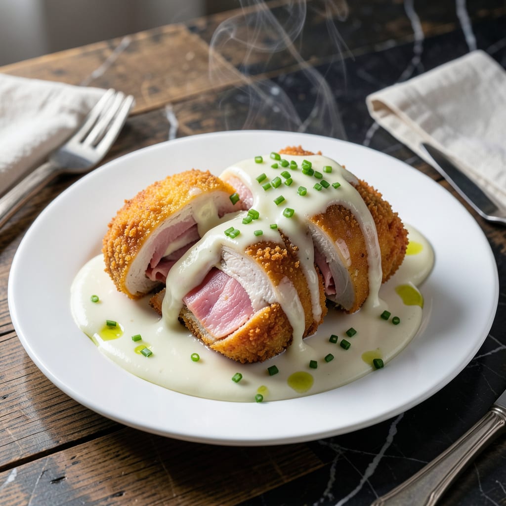 chicken cordon bleu white sauce recipe illustration with key details