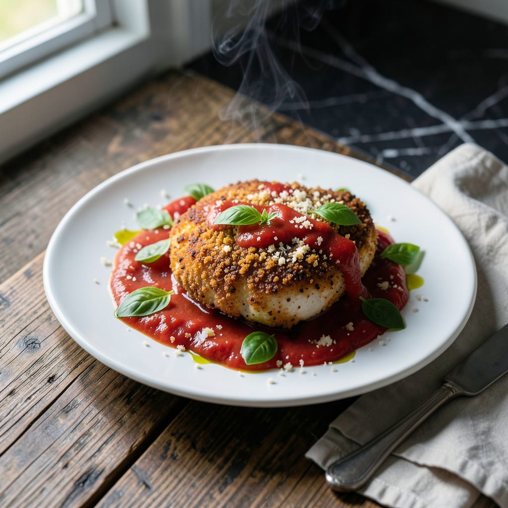 Visual representation of chicken cutlet with tomato sauce recipe