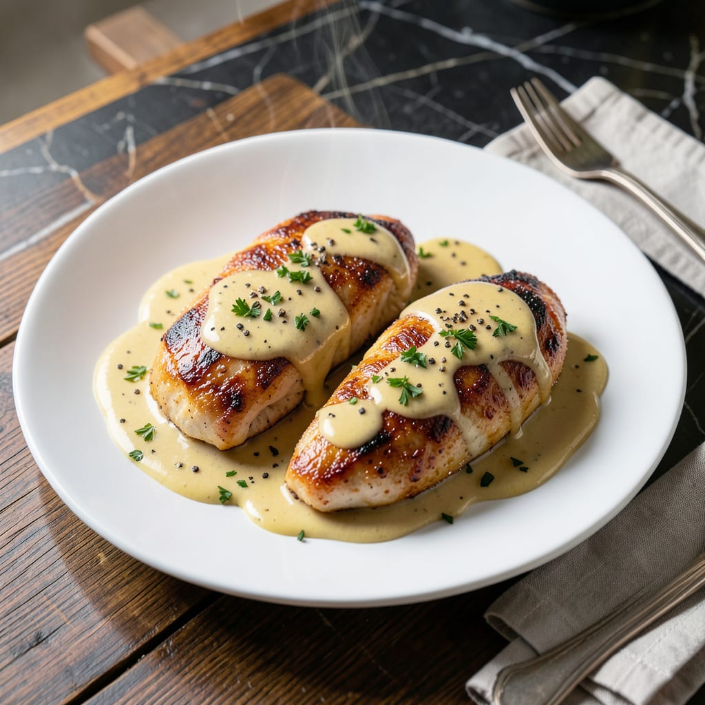 chicken dijon sauce recipe illustration with key details