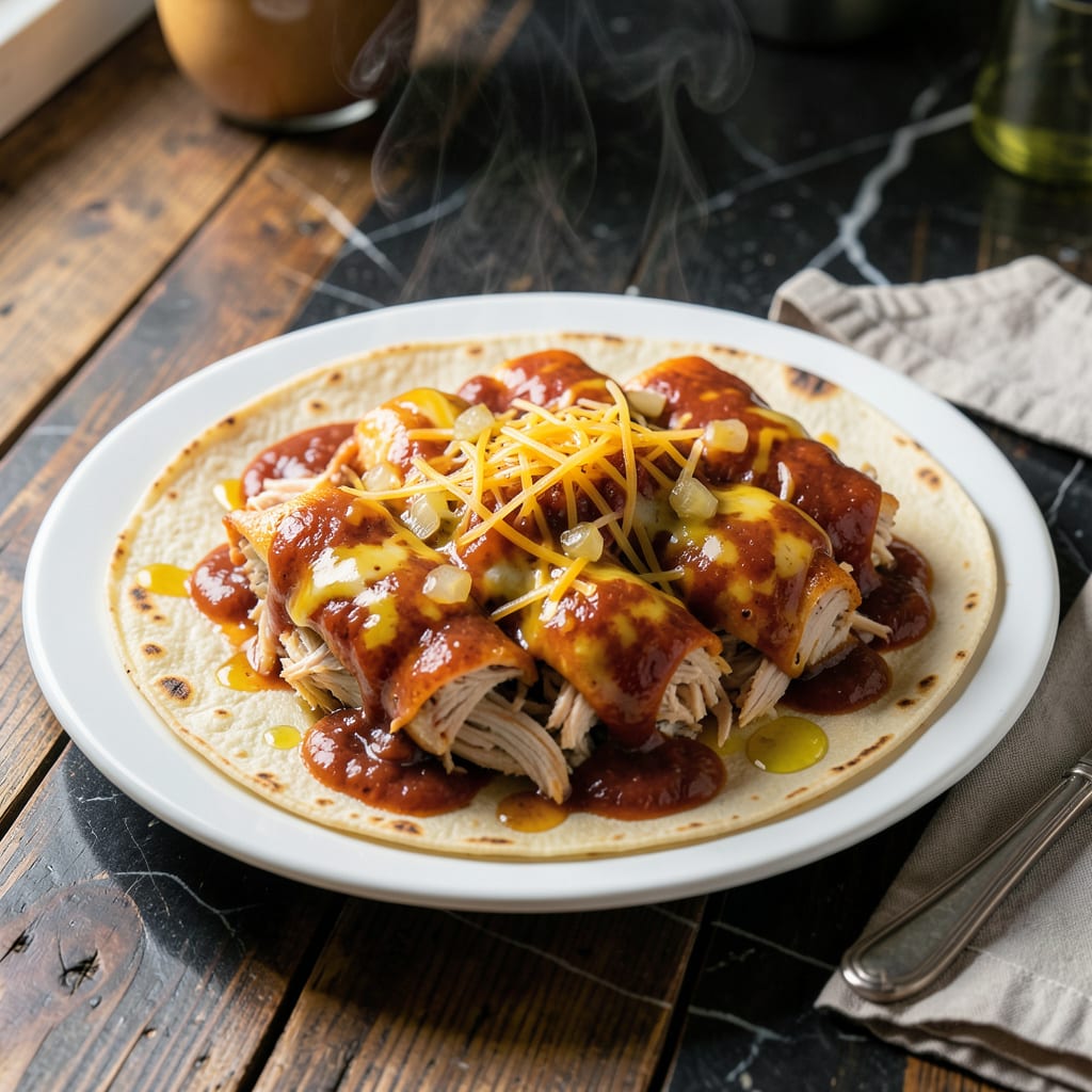 chicken enchilada recipe with canned enchilada sauce illustration with key details