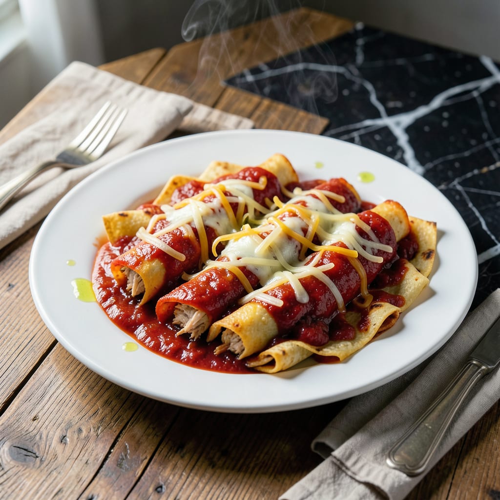 Visual representation of chicken enchilada recipe with canned red sauce