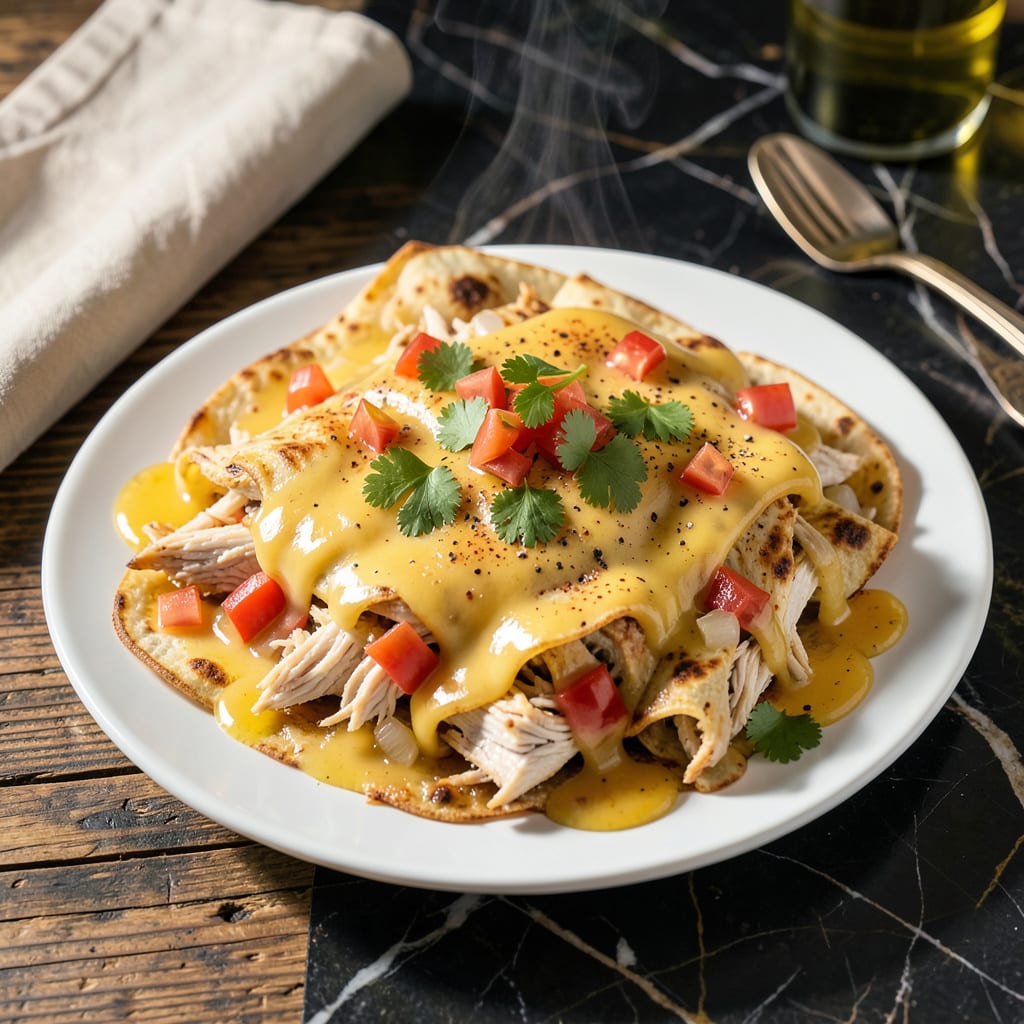 chicken enchilada recipe with cheese sauce illustration with key details