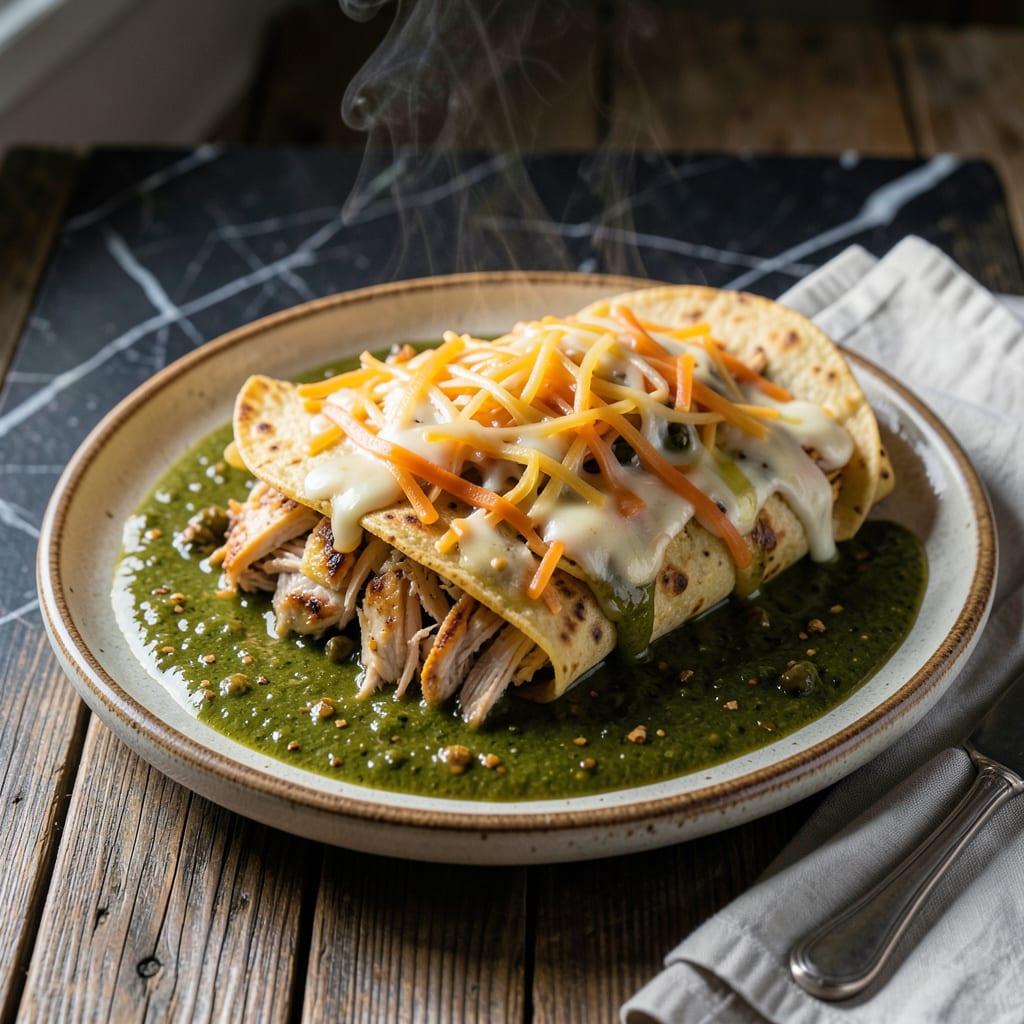 Visual representation of chicken enchilada recipe with green chile enchilada sauce