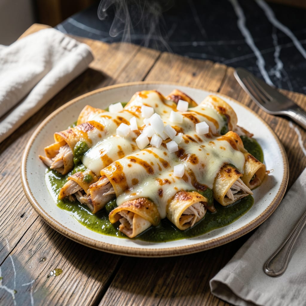chicken enchilada recipe with green enchilada sauce illustration with key details