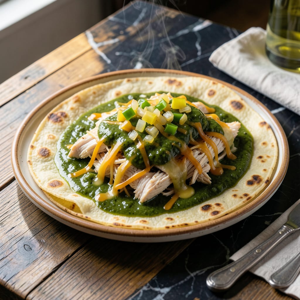 Visual representation of chicken enchilada recipe with green sauce and flour tortillas