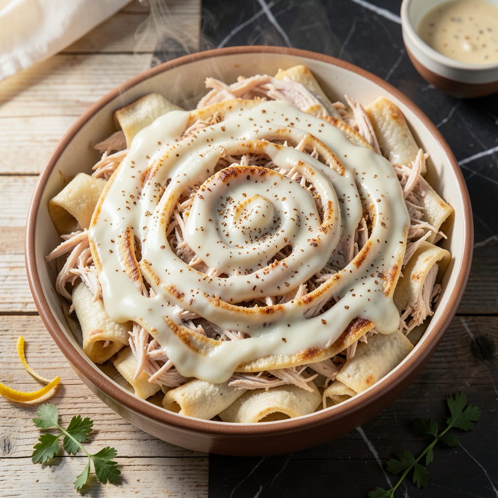 chicken enchilada white sauce casserole recipe illustration with key details