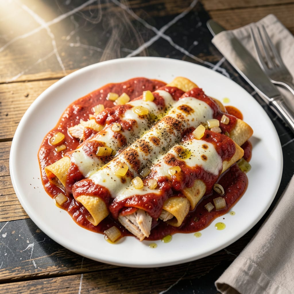 Visual representation of chicken enchiladas with red enchilada sauce recipe