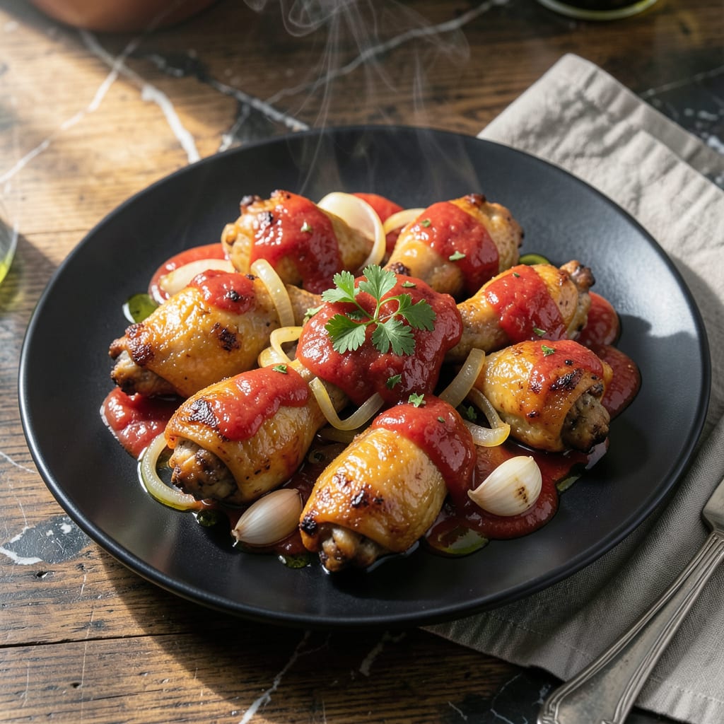Visual representation of chicken feet with tomato sauce recipe