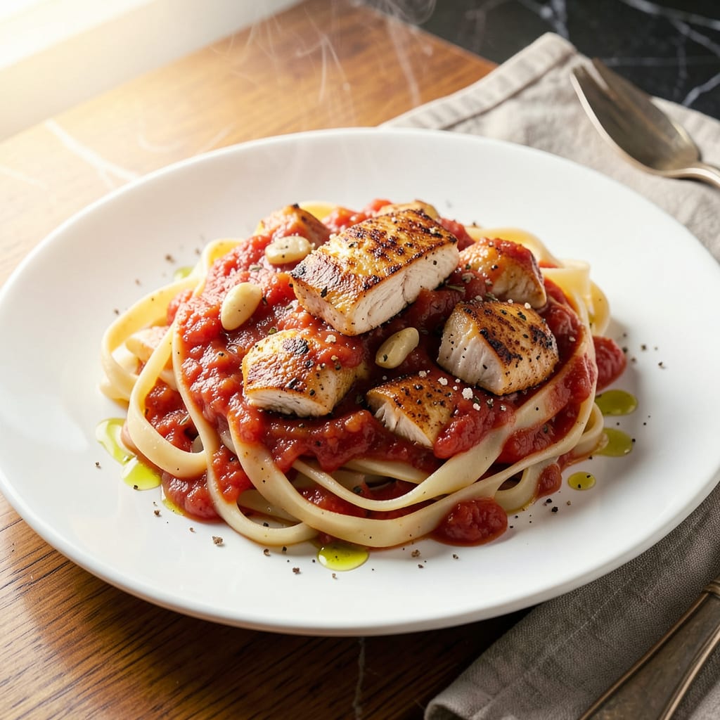 Visual representation of chicken fettuccine tomato sauce recipe