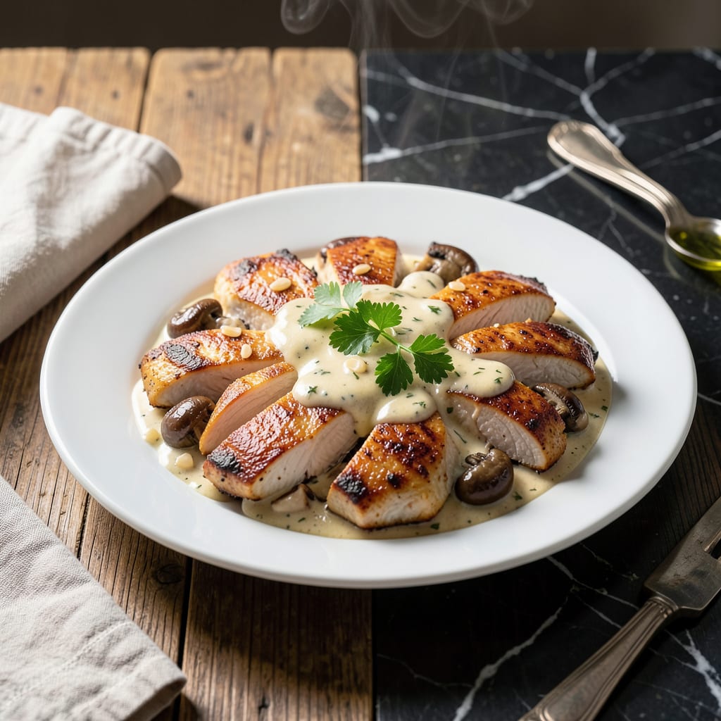 chicken garlic mushroom cream sauce recipe illustration with key details