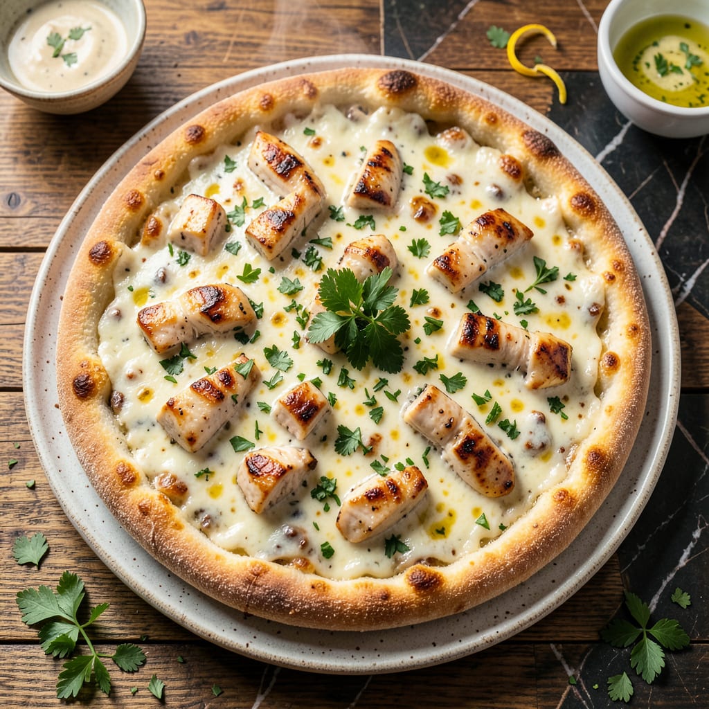 Visual representation of chicken garlic pizza white sauce recipe