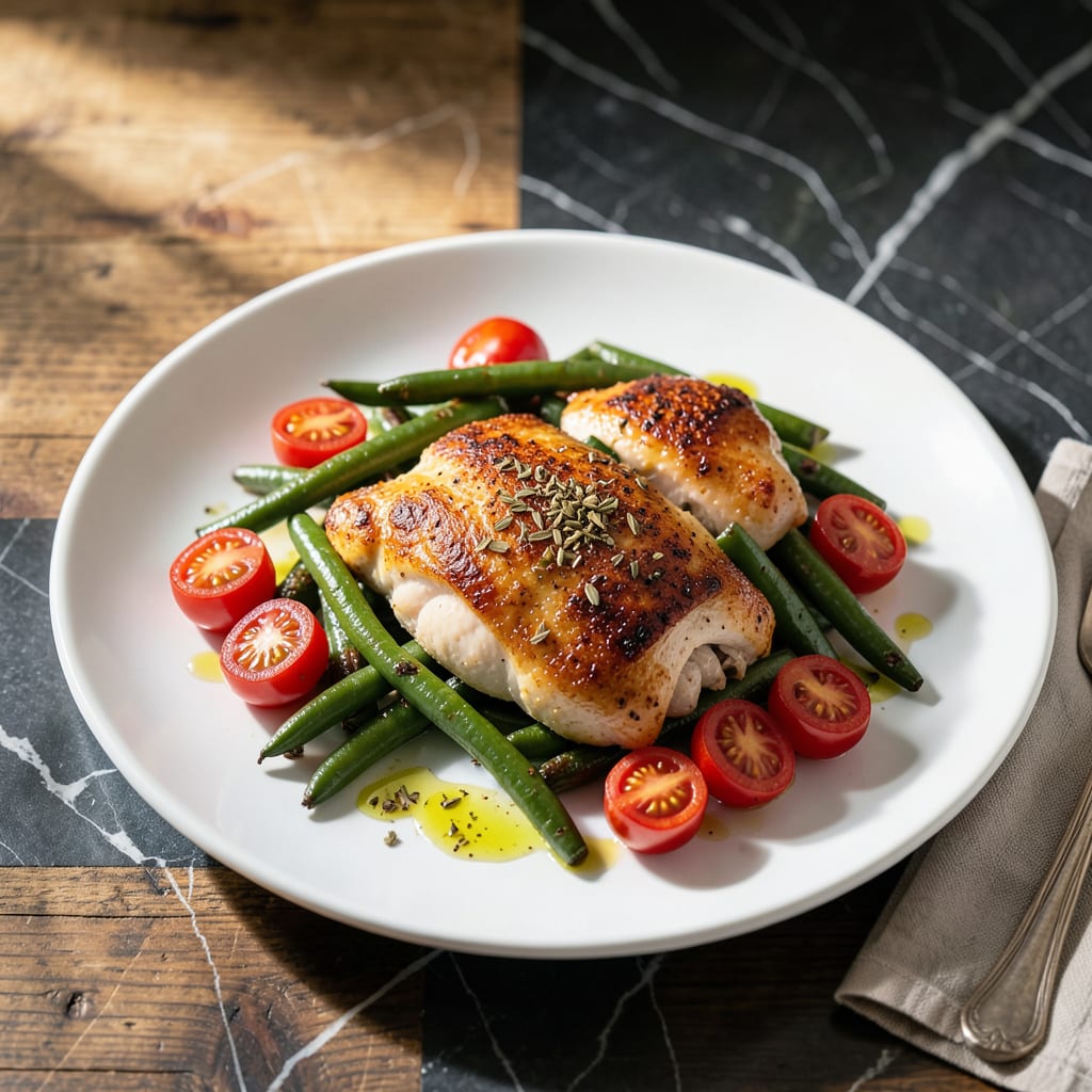 chicken green bean tomato recipe example with annotations