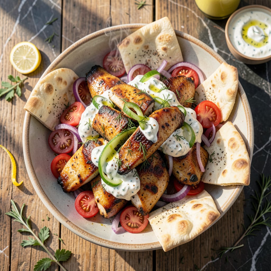 chicken gyro recipe with tzatziki sauce illustration with key details