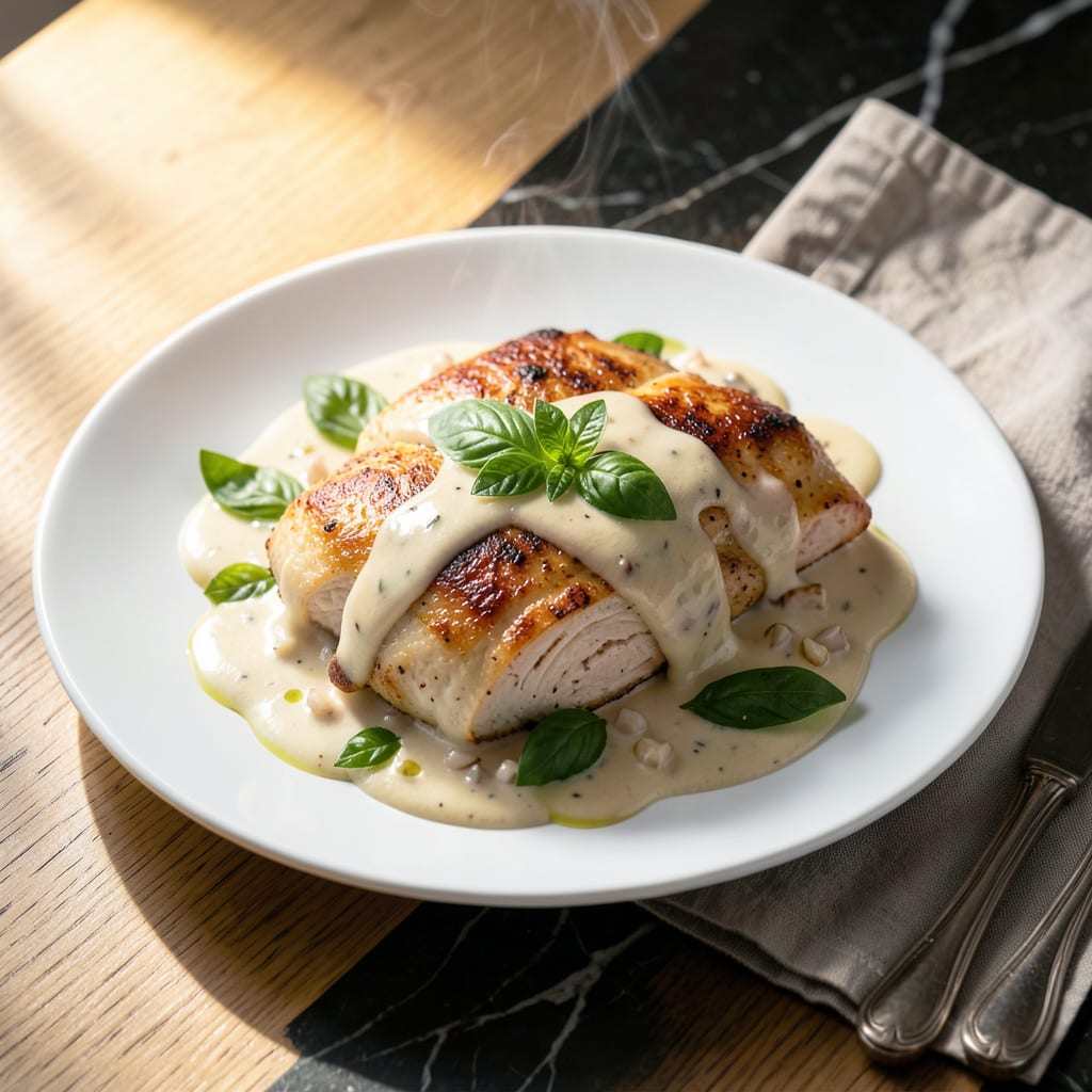 Complete chicken in basil cream sauce recipe overview image