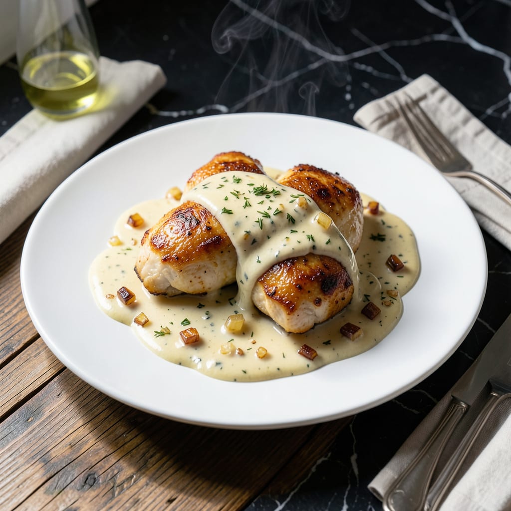 Complete chicken in boursin sauce with garlic and fine herbs recipe overview image