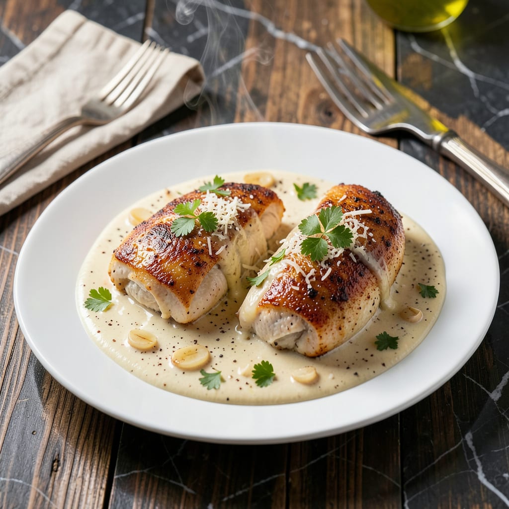 chicken in parmesan cream sauce recipe illustration with key details
