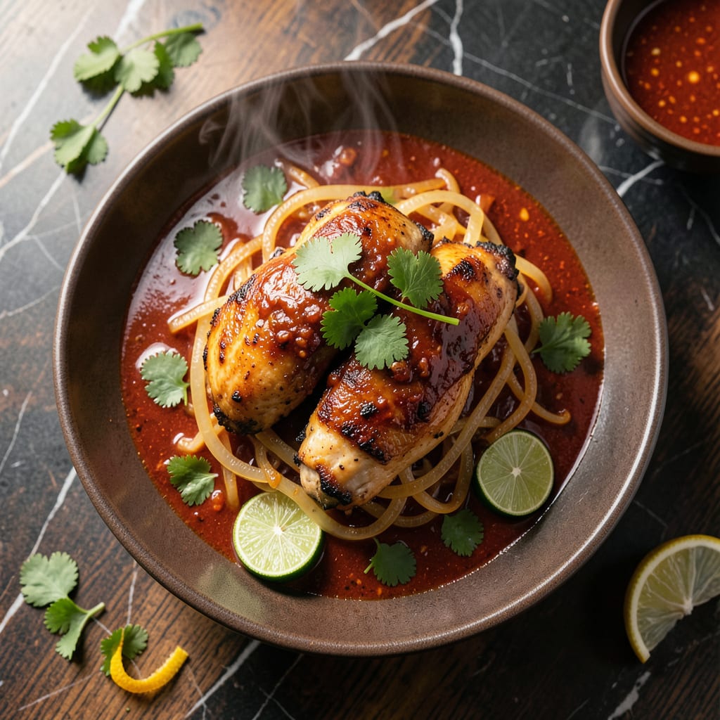 Visual representation of chicken in red curry coconut sauce recipe