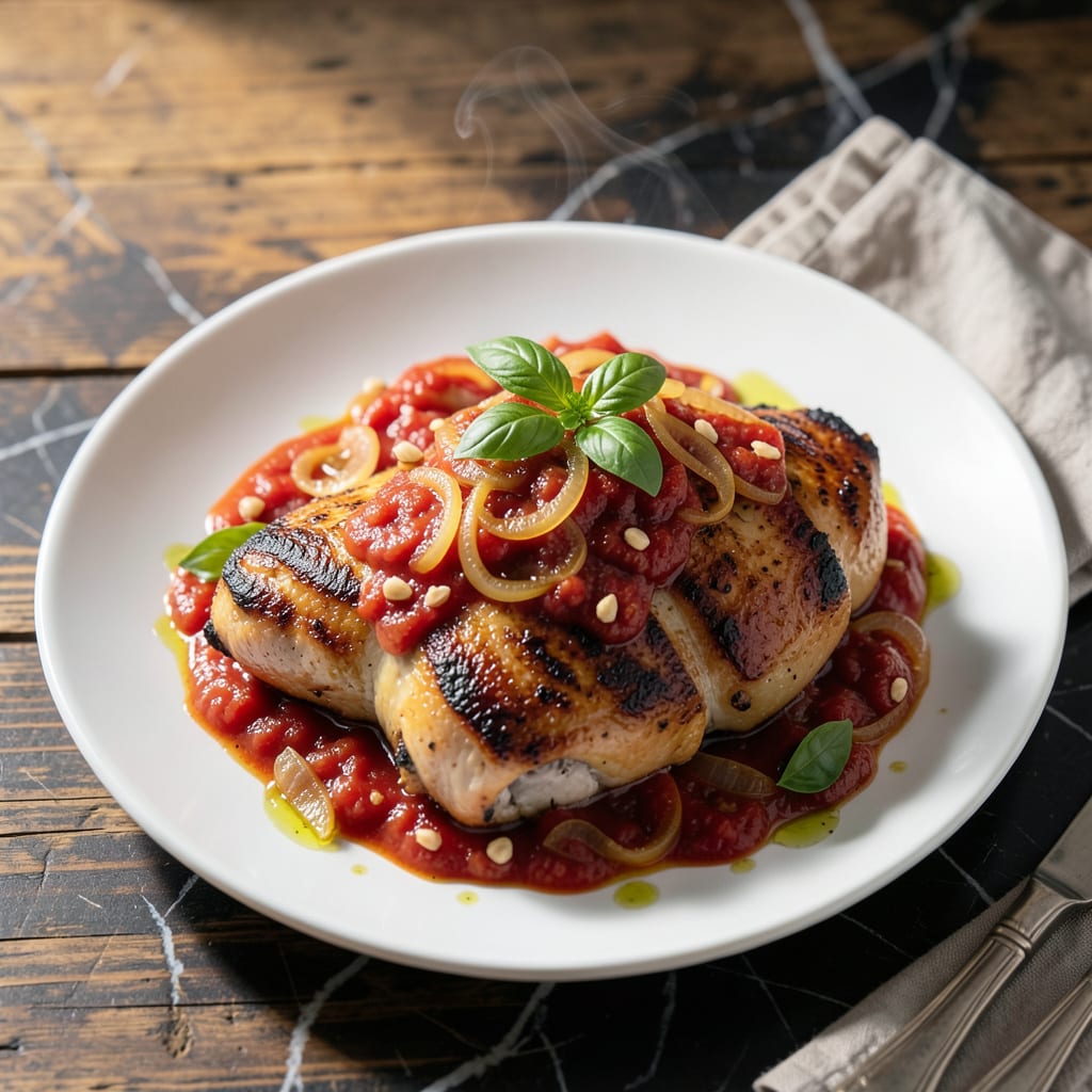 Complete chicken in tomato and basil sauce recipe overview image