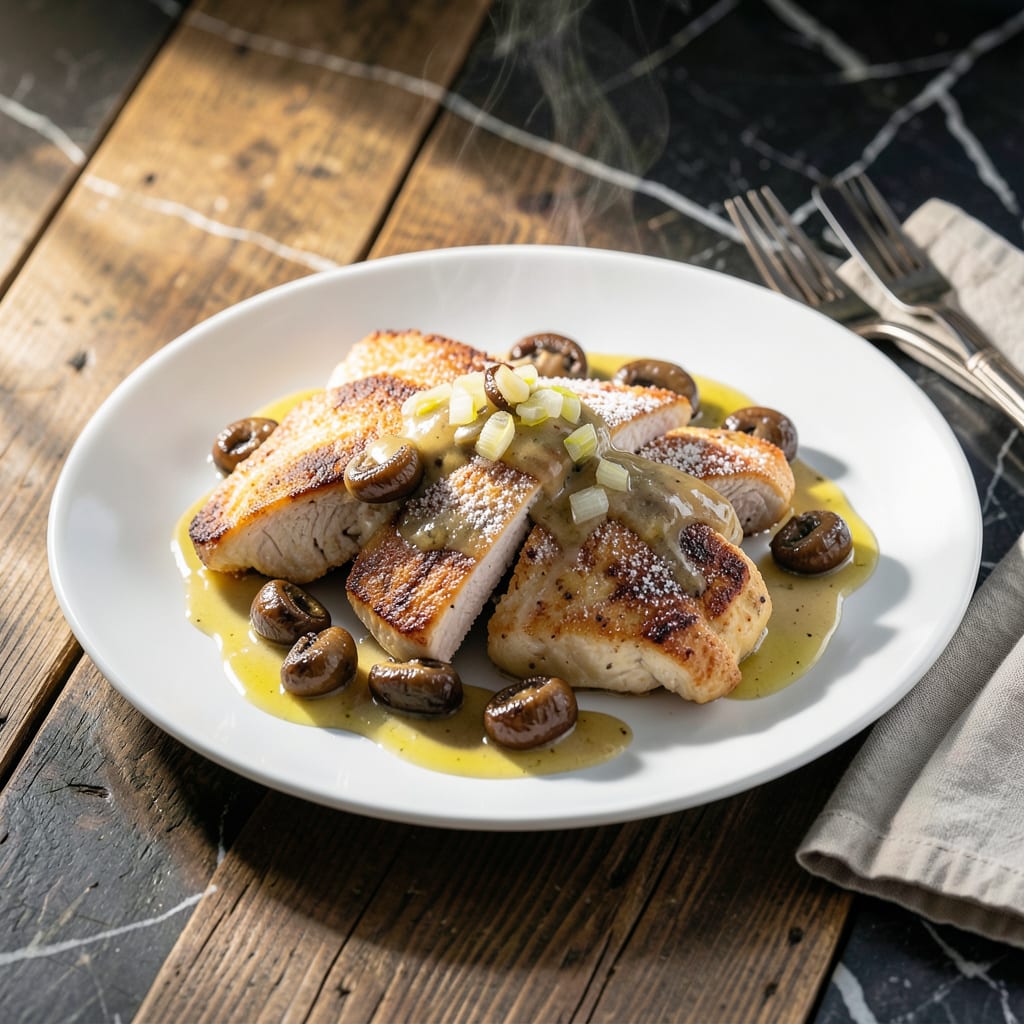 Visual representation of chicken in white wine and mushroom sauce recipe