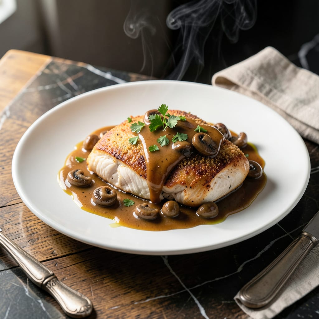 chicken la madeleine mushroom sauce recipe illustration with key details