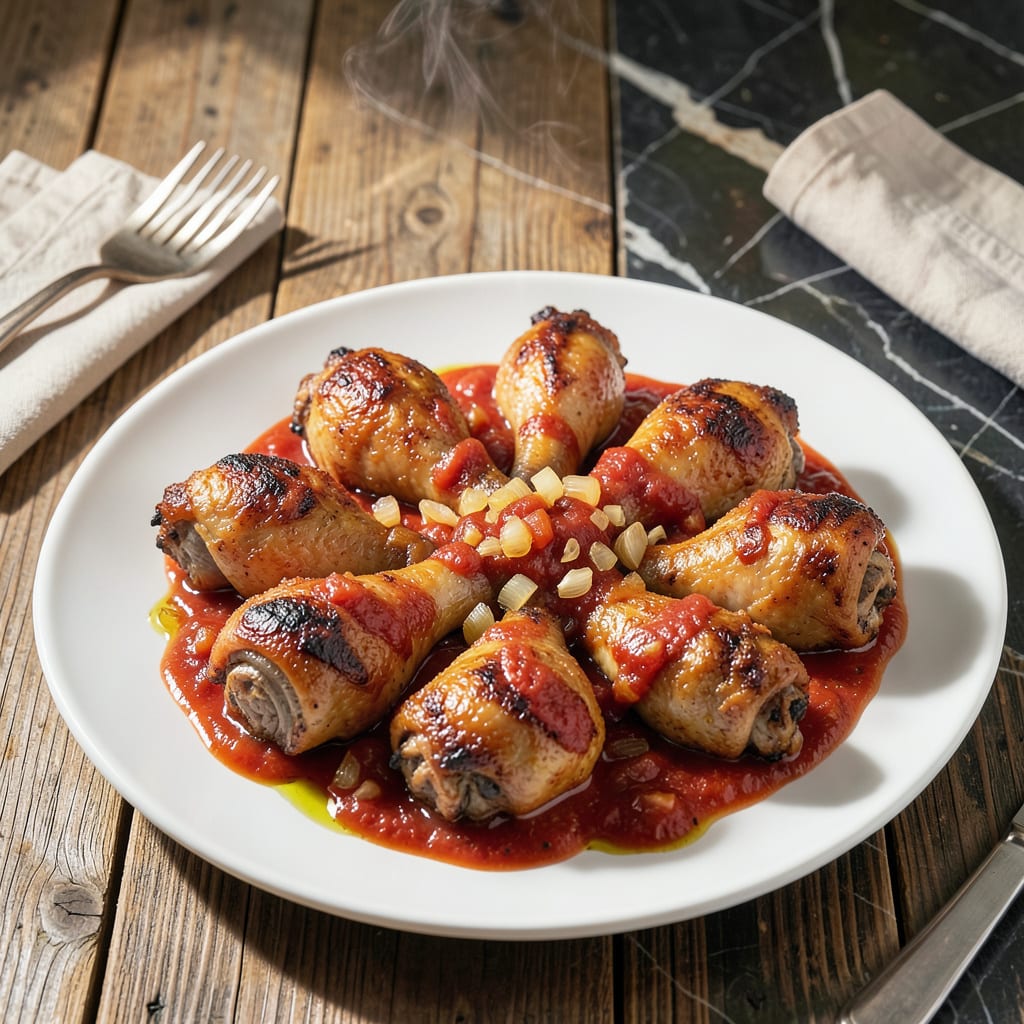 Complete chicken legs with tomato sauce recipe overview image
