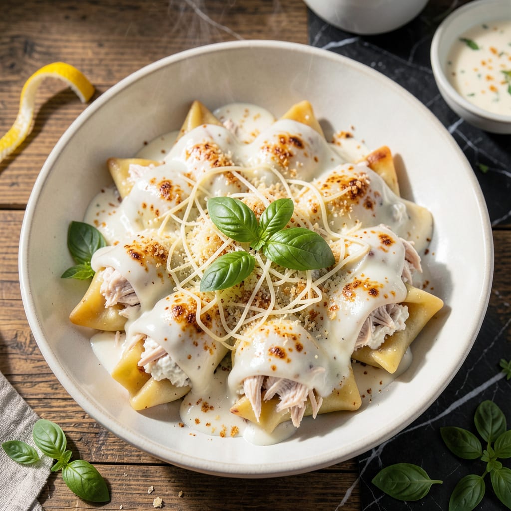 Complete chicken manicotti recipe with white sauce overview image