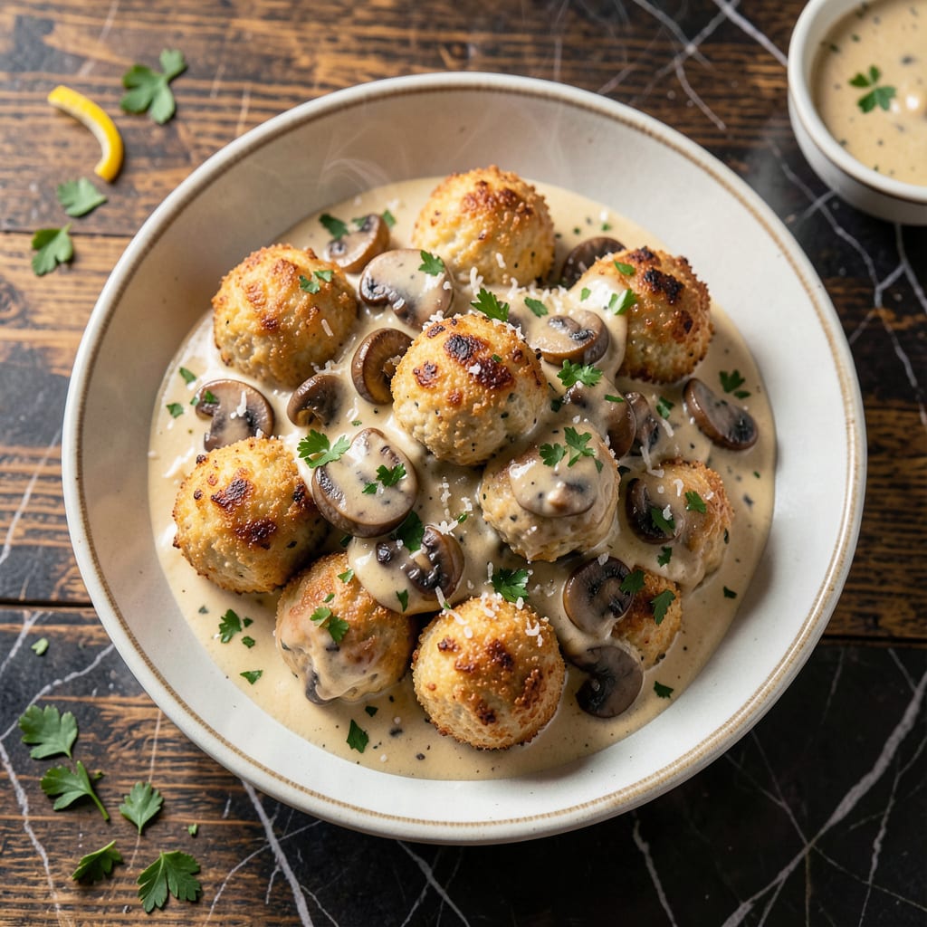 Complete chicken meatballs creamy mushroom sauce recipe overview image