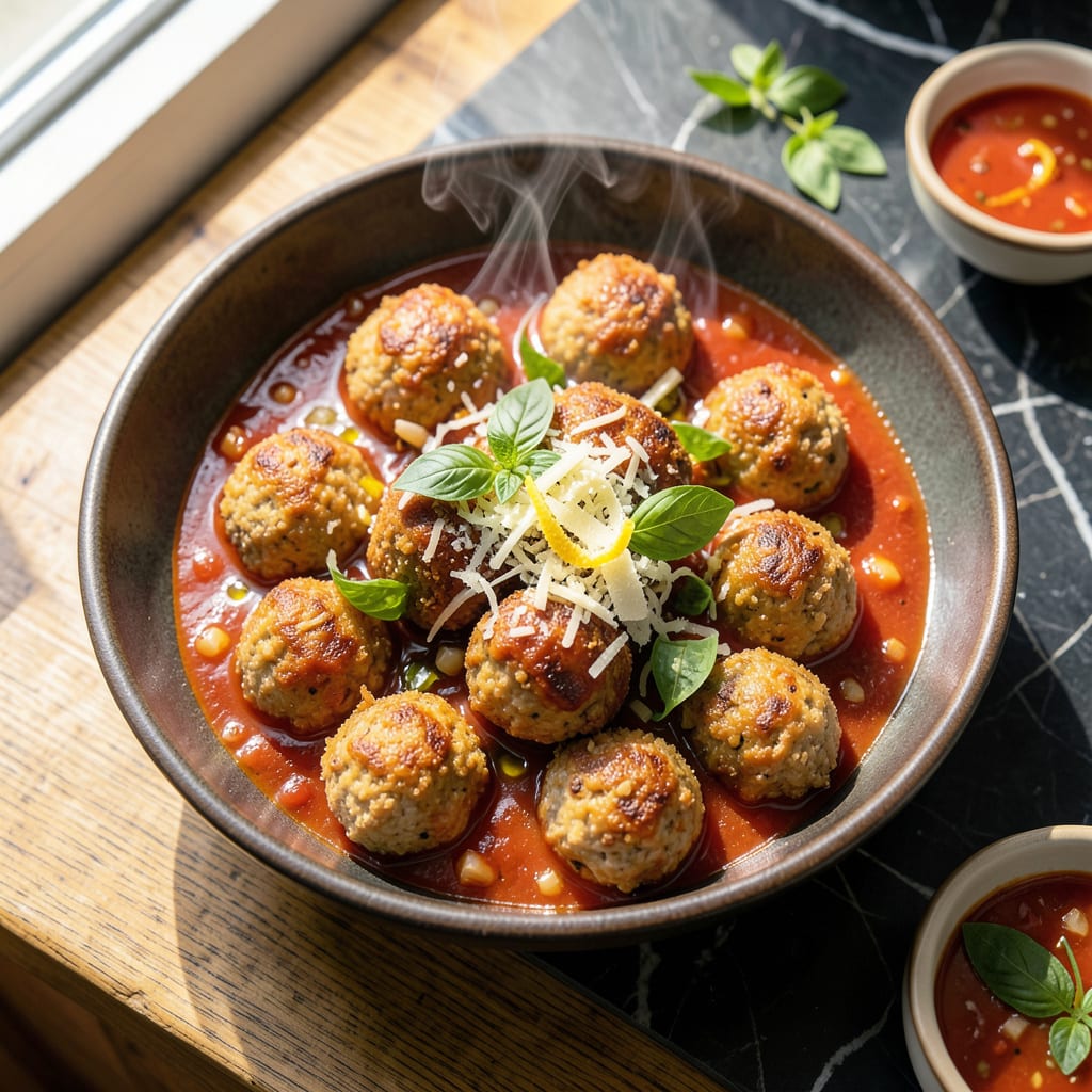 Visual representation of chicken meatballs in tomato sauce recipe