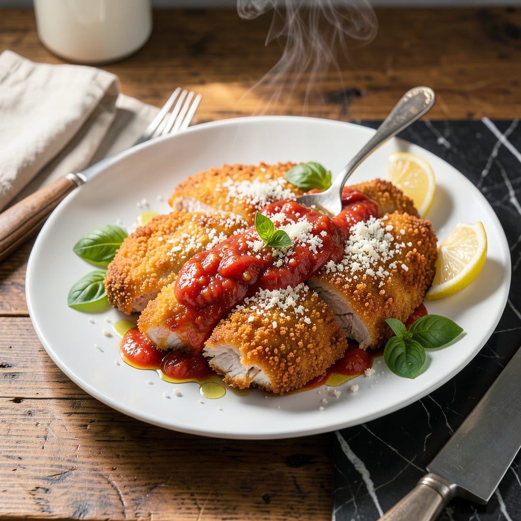Visual representation of chicken milanese recipe with tomato sauce
