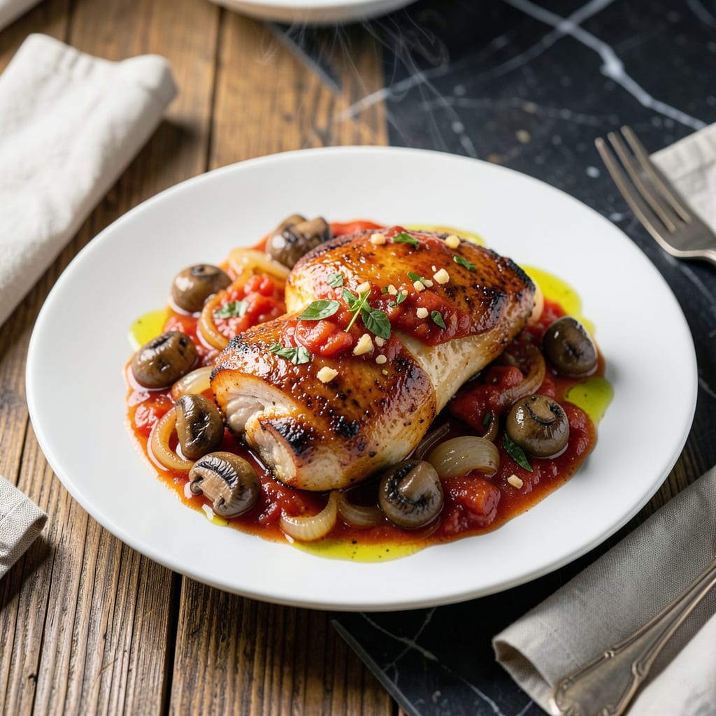 Visual representation of chicken mushroom tomato sauce recipe