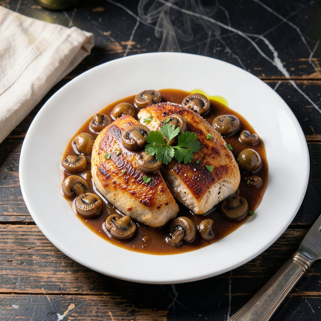 Visual representation of chicken mushroom wine sauce recipe