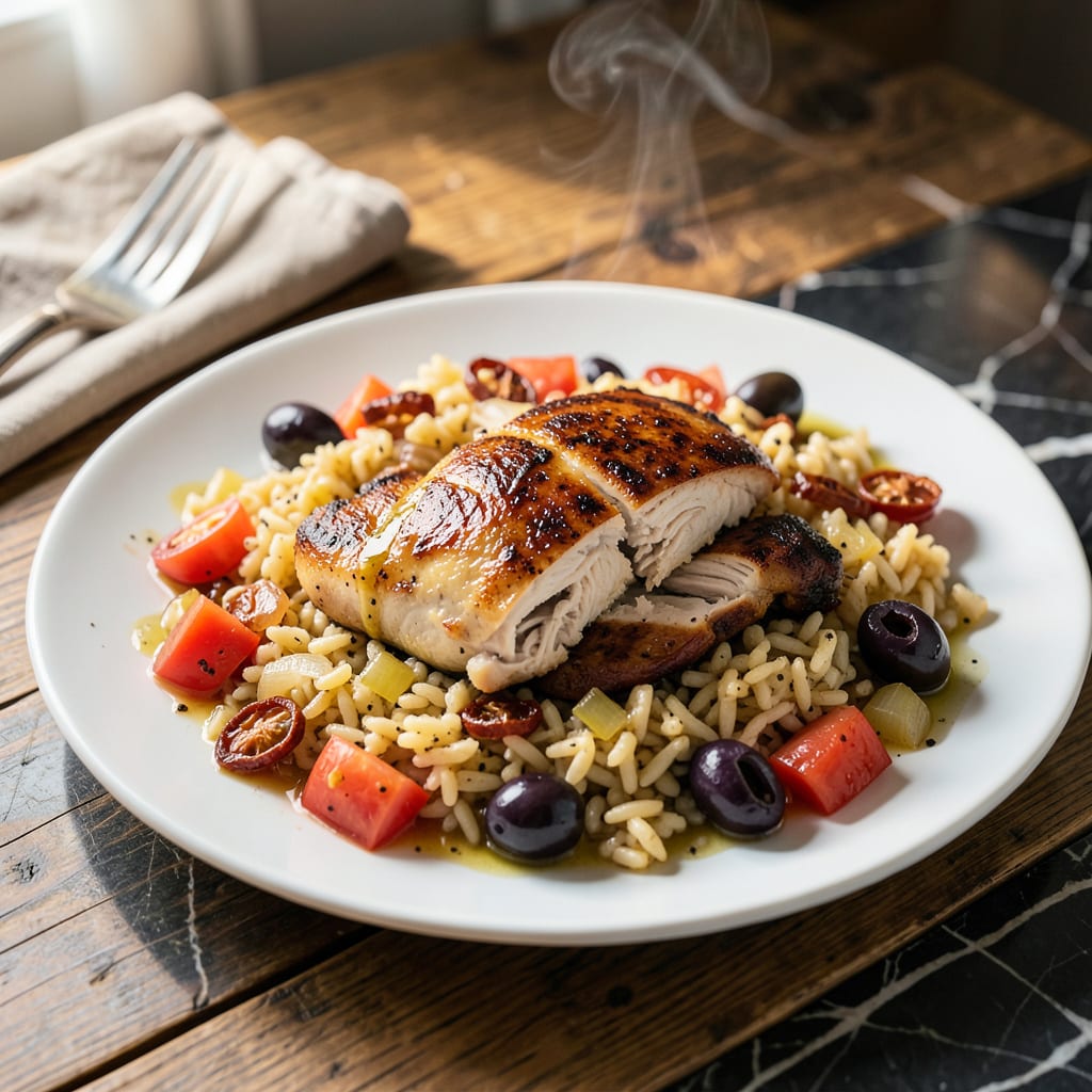 chicken orzo slow cooker recipe illustration with key details
