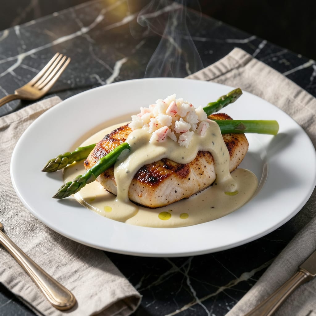 Visual representation of chicken oscar with bearnaise sauce recipe