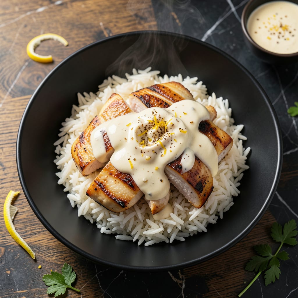 Complete chicken over rice sauce recipe overview image
