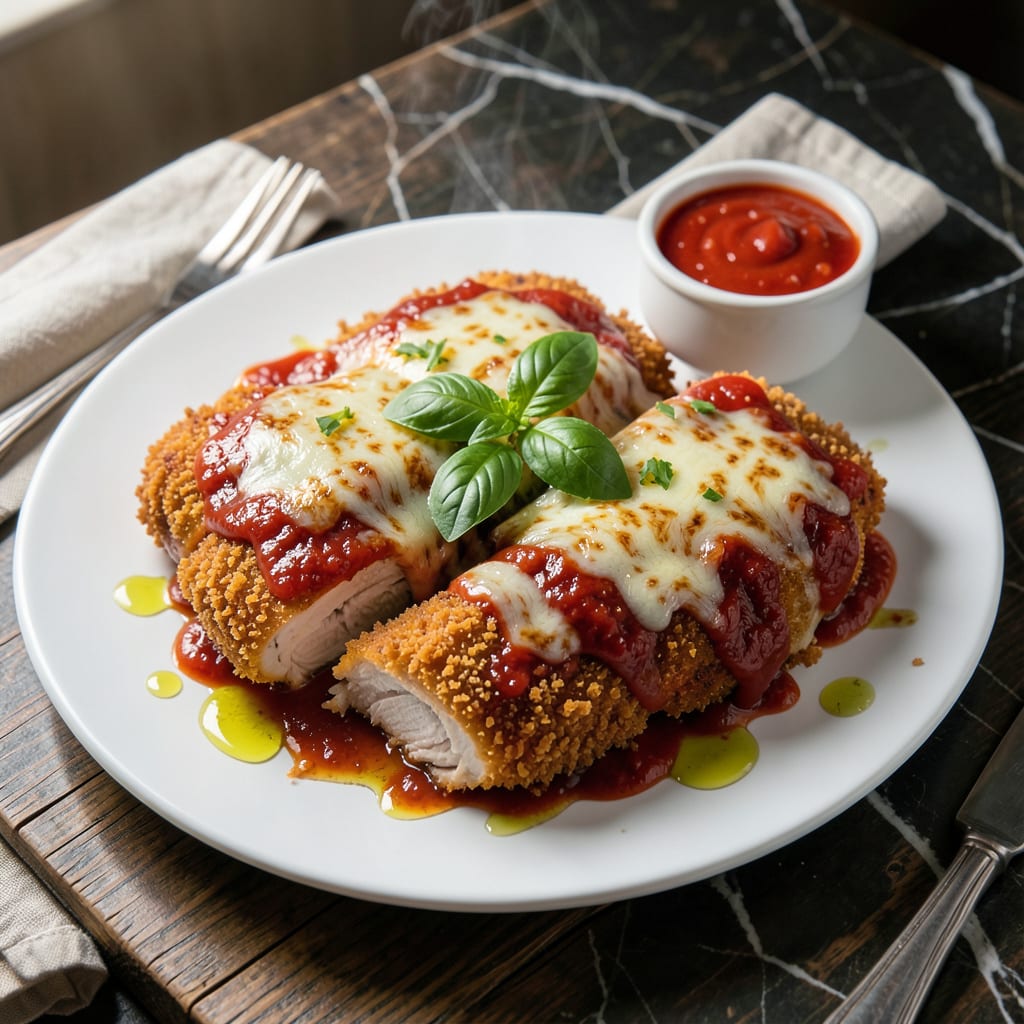 chicken parmesan red sauce recipe illustration with key details