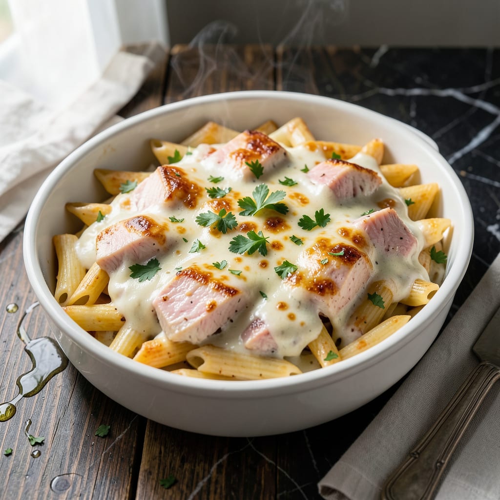chicken pasta bake recipe white sauce illustration with key details