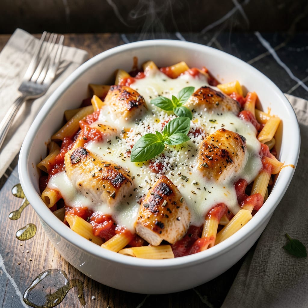 Visual representation of chicken pasta bake recipe with tomato sauce
