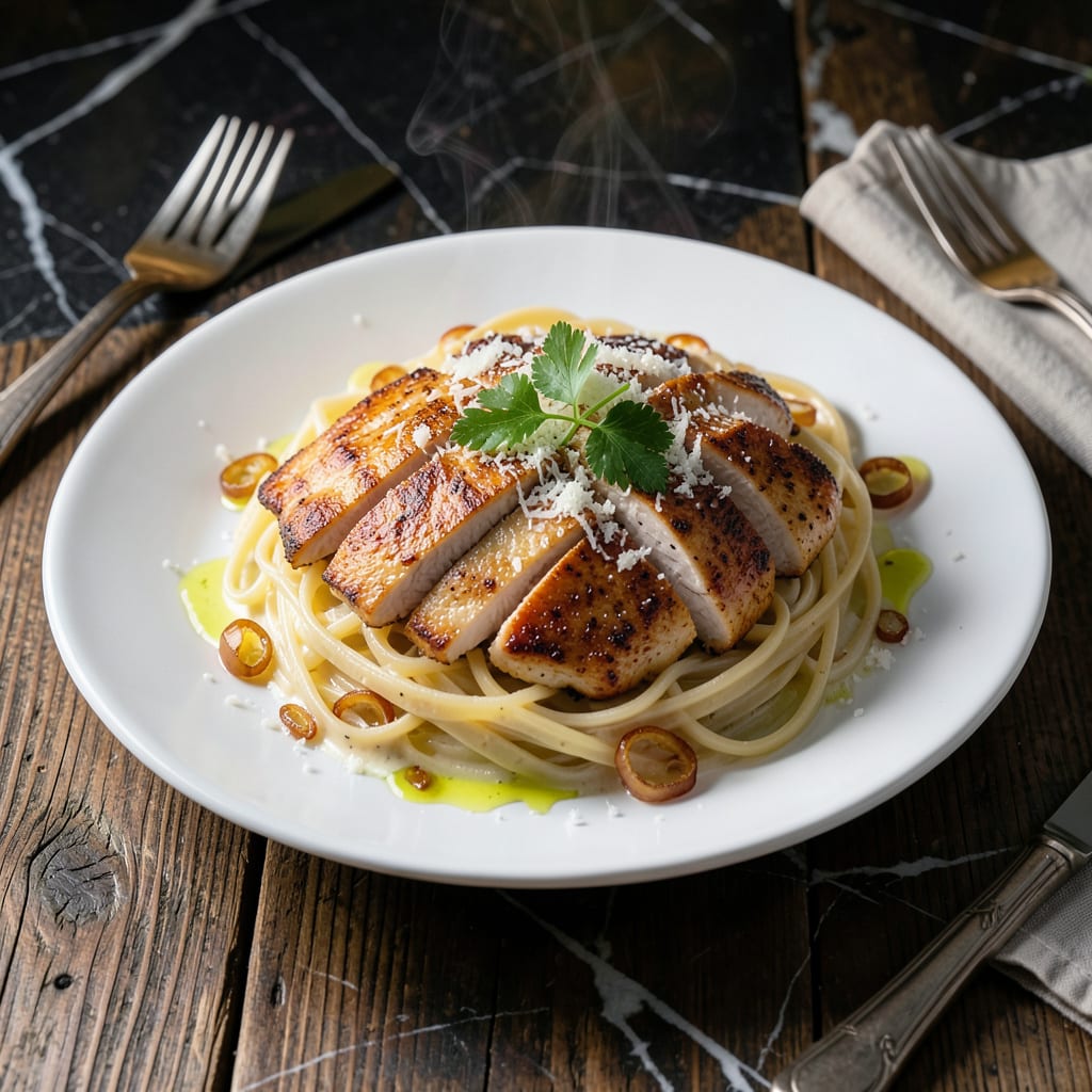 chicken pasta recipe with lemon parmesan sauce illustration with key details