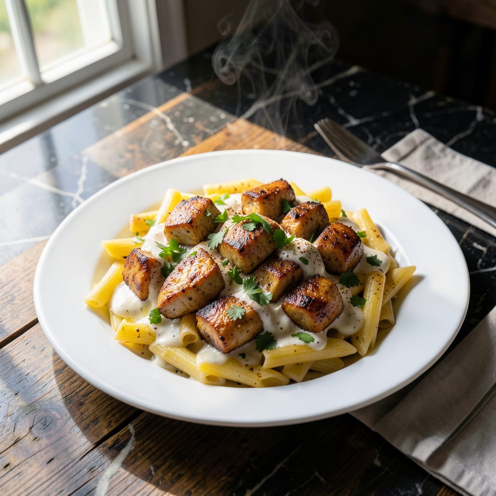 Complete chicken pasta with white sauce pakistani recipe overview image