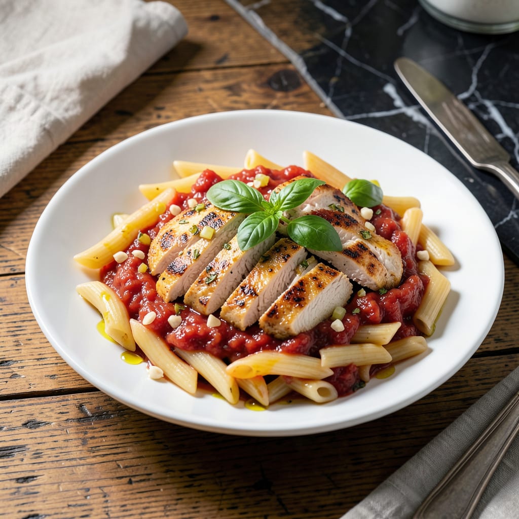 Complete chicken penne pasta red sauce recipe overview image