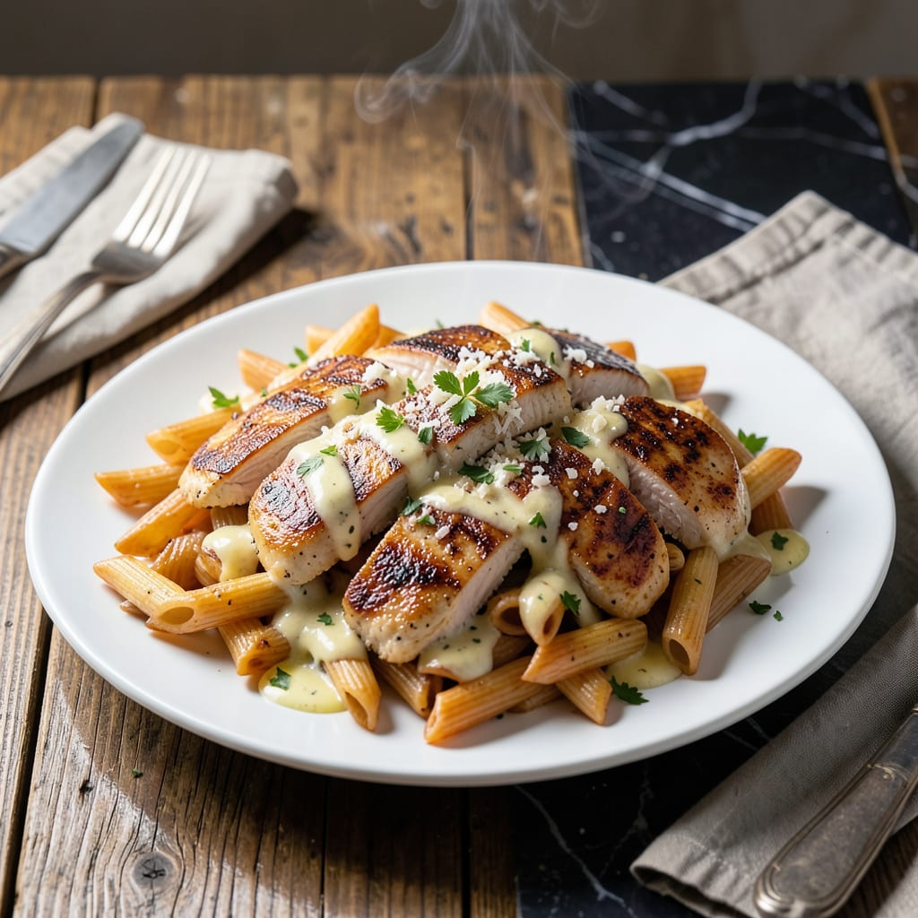 Complete chicken penne pasta with alfredo sauce recipe overview image